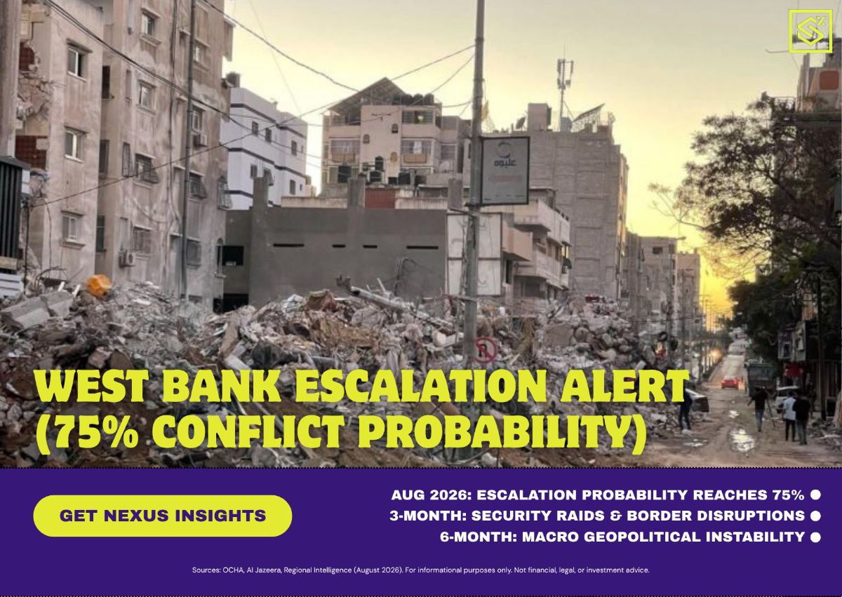 A map highlighting regional geopolitical risk zones across the Middle East with market volatility indicators overlay.