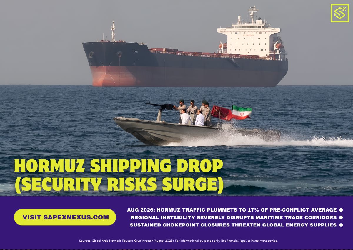 A commercial oil tanker navigating international maritime shipping lanes near a strategic ocean choke point.