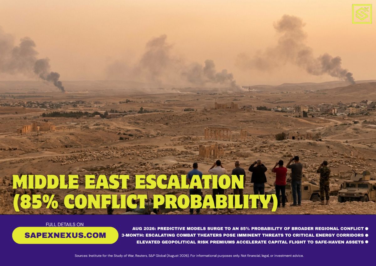 Conceptual illustration showing geopolitical conflict nodes in the Middle East with overlapping financial market risk indicators.