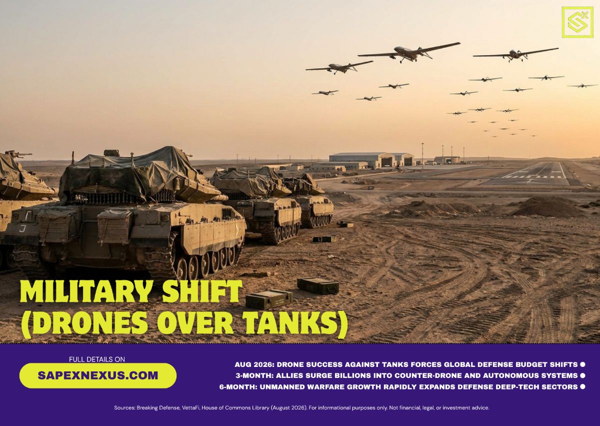 Conceptual view of global defense procurement shifting from heavy tanks toward advanced drone technology.