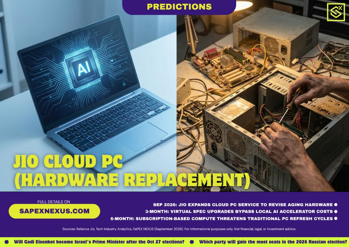 A desk featuring an older desktop computer displaying cloud interface metrics beside modern digital connectivity network nodes.