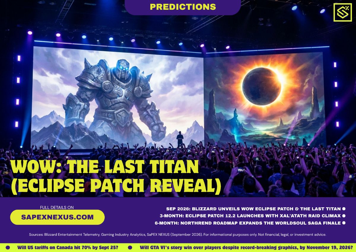 Concept art of a glowing cosmic eclipse and a titan figure representing World of Warcraft game announcements.
