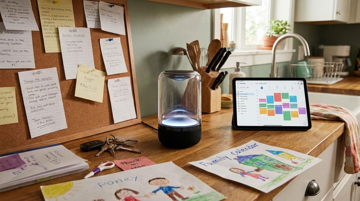 Abstract digital visualization of cloud software connecting family calendar schedules, shopping lists, and automated task cards.