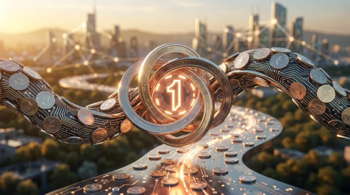 A digital visual representing blockchain sharding networks and market performance metrics.