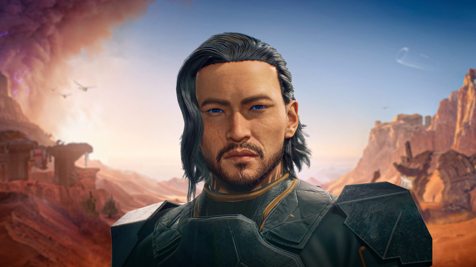 Digital desert landscape featuring sci-fi structures and a futuristic user interface overlaying game metrics.