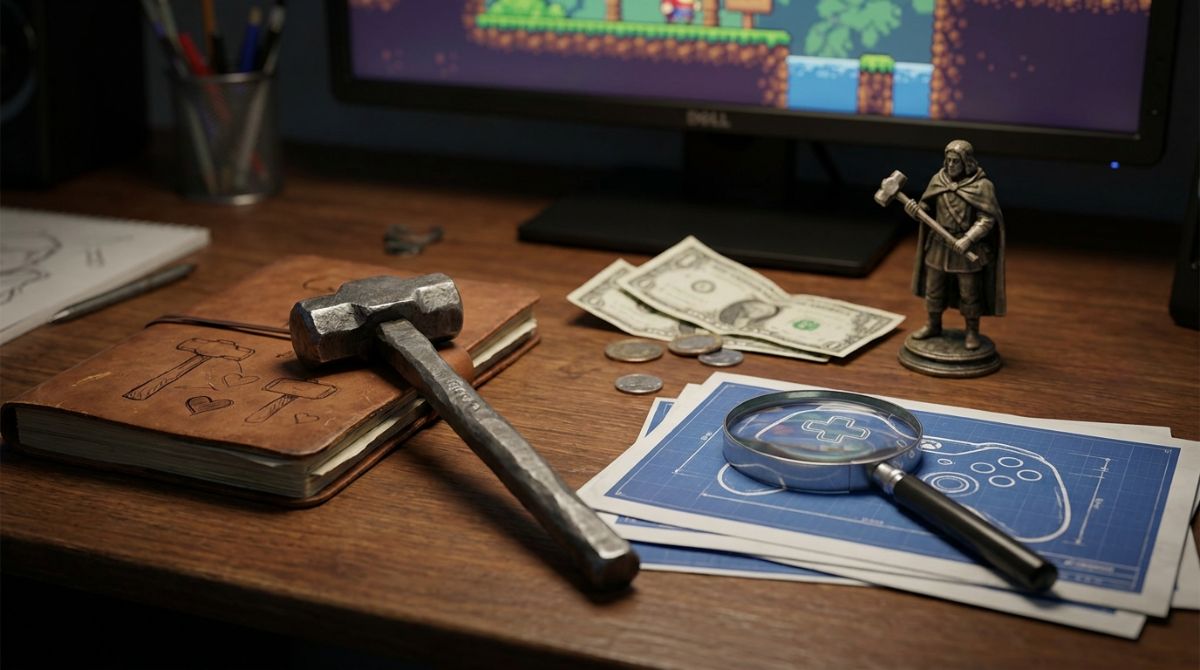 A futuristic sledgehammer resting against shattered mechanical parts and glowing circuit panels.