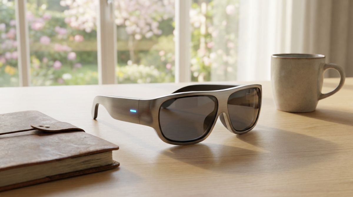 Lightweight virtual reality glasses connected by cable to a compact pocket compute puck on a plain surface.