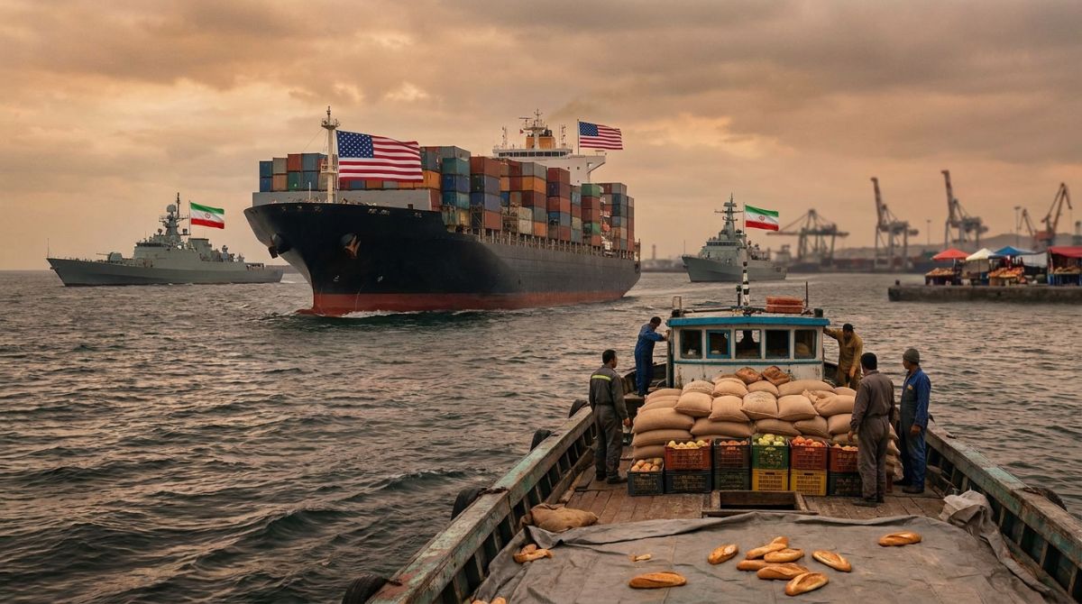 Global shipping vessel navigating open waters near energy infrastructure under storm clouds representing geopolitical risk