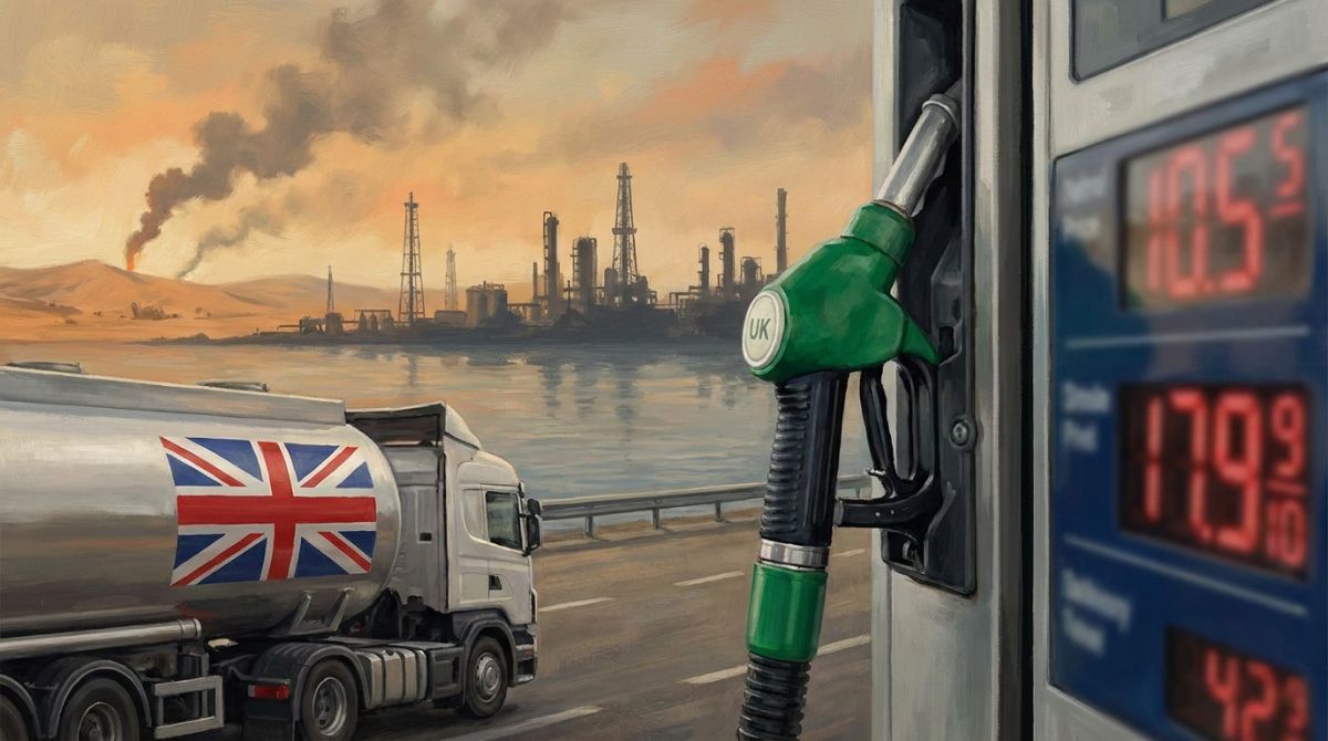 Industrial fuel storage tanks against a stark horizon representing energy market pressures and geopolitical risk.