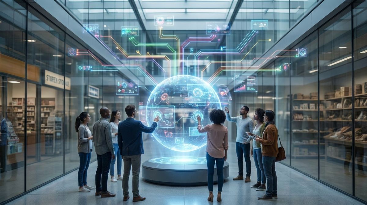 Digital network visualization showing software icons connecting directly to a central conversational AI ecosystem.