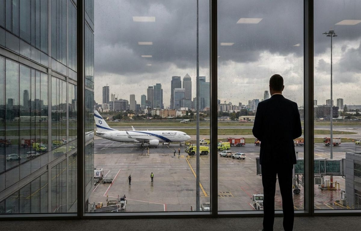 Commercial aircraft flying through cloudy skies representing global aviation security and economic risk assessment.
