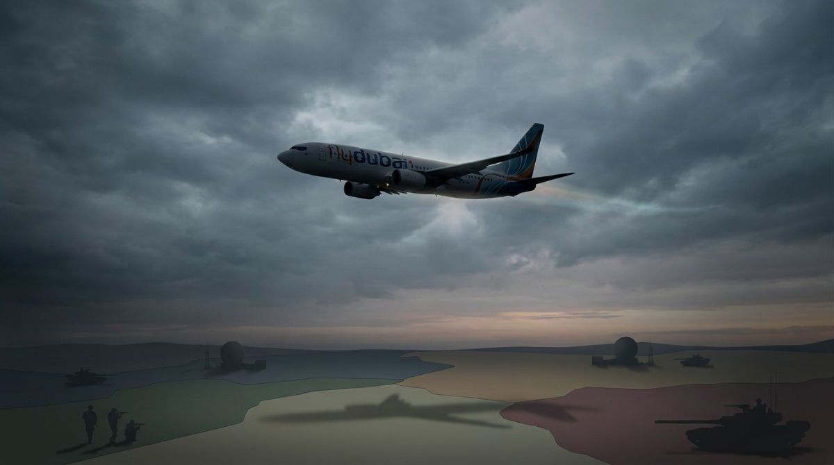 Conceptual visualization of aviation radar tracking data overlaid with geopolitical threat analysis metrics