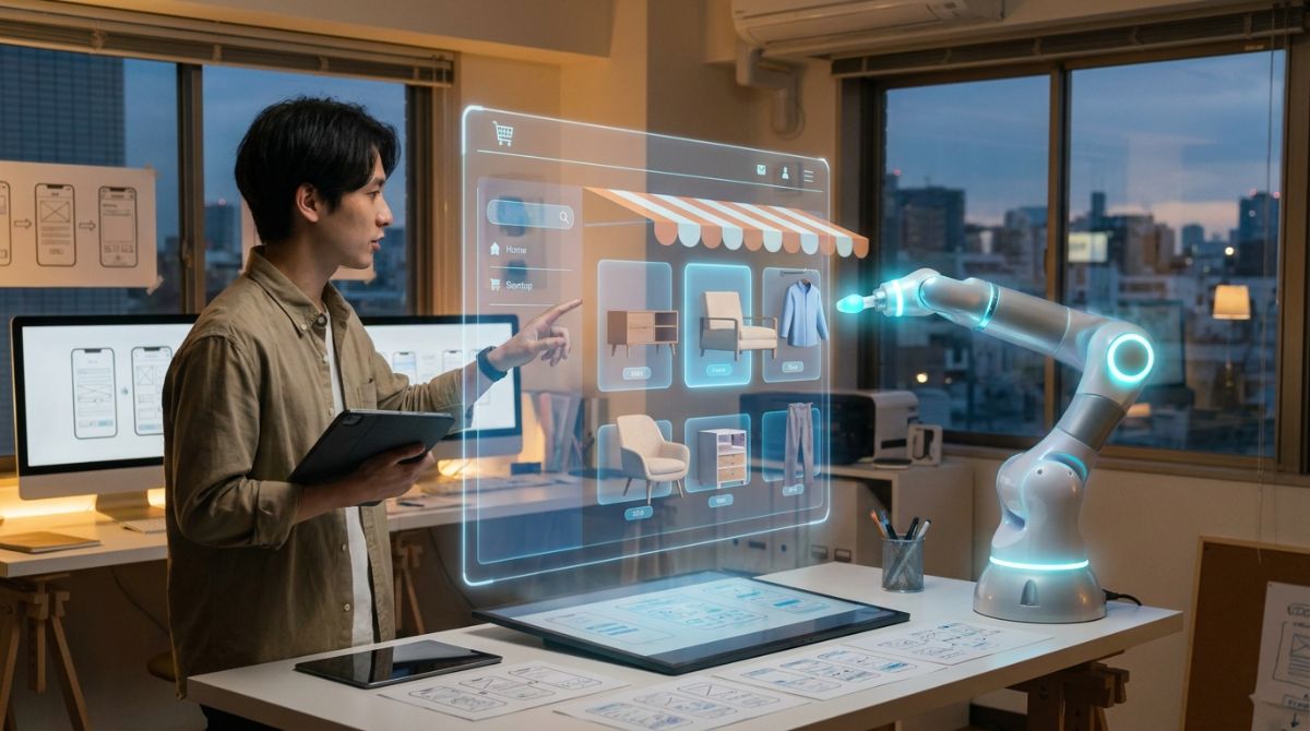 Digital e-commerce interface showing real-time store building through an interactive artificial intelligence assistant.
