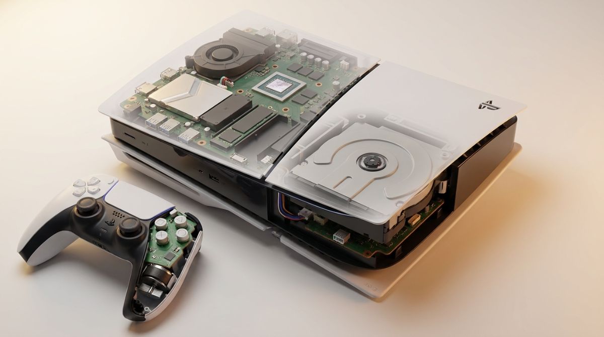 Illustration of a gaming console circuit board featuring simplified component placement and modular battery access.