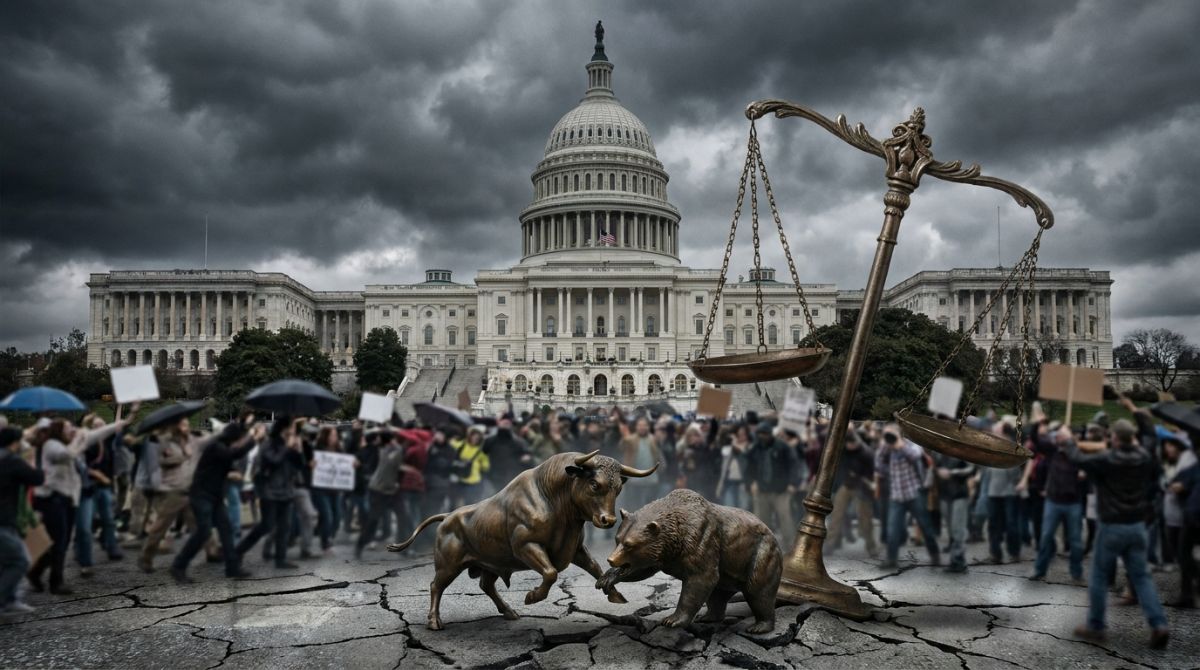 Illustration representing geopolitical risk and market volatility stemming from United States Congressional midterm elections.