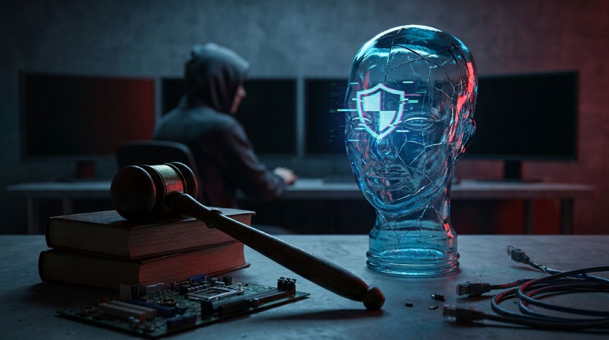 A digital illustration representing artificial intelligence governance, ethical safety controls, and regulatory oversight.