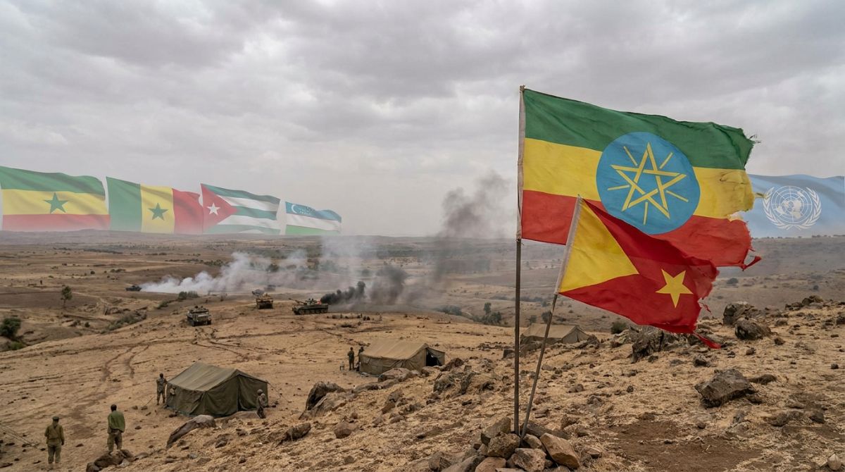 Illustration representing geopolitical risk indicators and trade route nodes across the Horn of Africa.